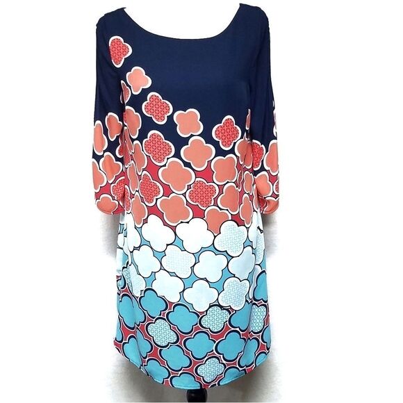 𝅺KAARI Blue 3/4 Sleeve Cold Shoulder Shift Dress - Picture 2 of 8